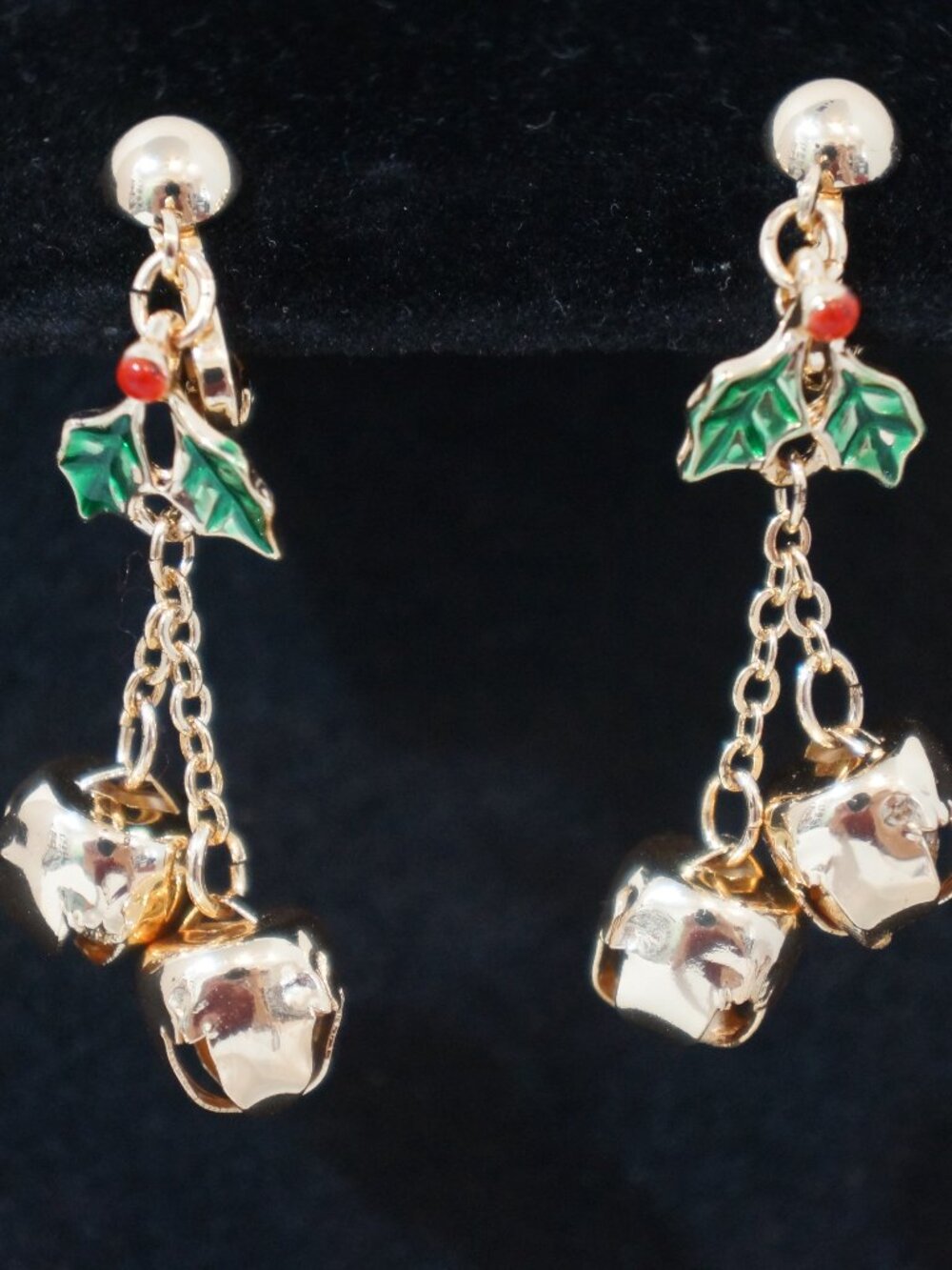 Vintage Christmas Clip On Earrings Mid Century Holly Jingle Bell Dangle